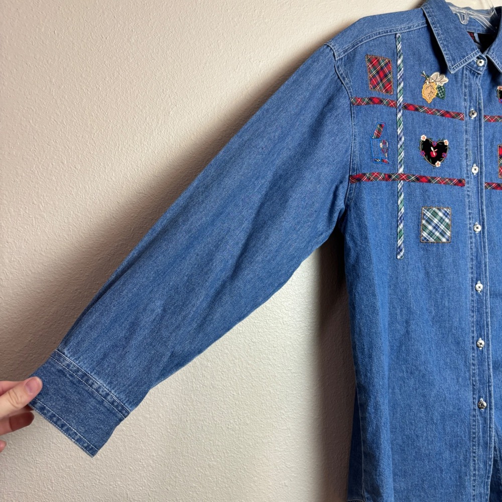Cottagecore Denim Button Top Womens Medium M Blue Patchwork Folk Art Vintage 90s - Picture 9 of 11